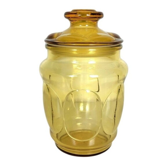Vintage MCM Amber Glass Thumbprint Bubble Apothecary Canister Candy Jar 8" - Picture 1 of 12